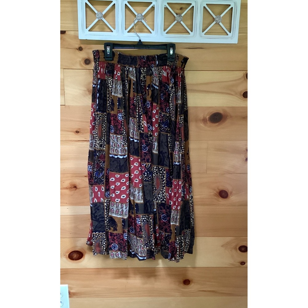 Jane Ashley Vintage Patchwork Beaded Midi Skirt Womens Medium Brown Rayon Boho - Picture 2 of 6